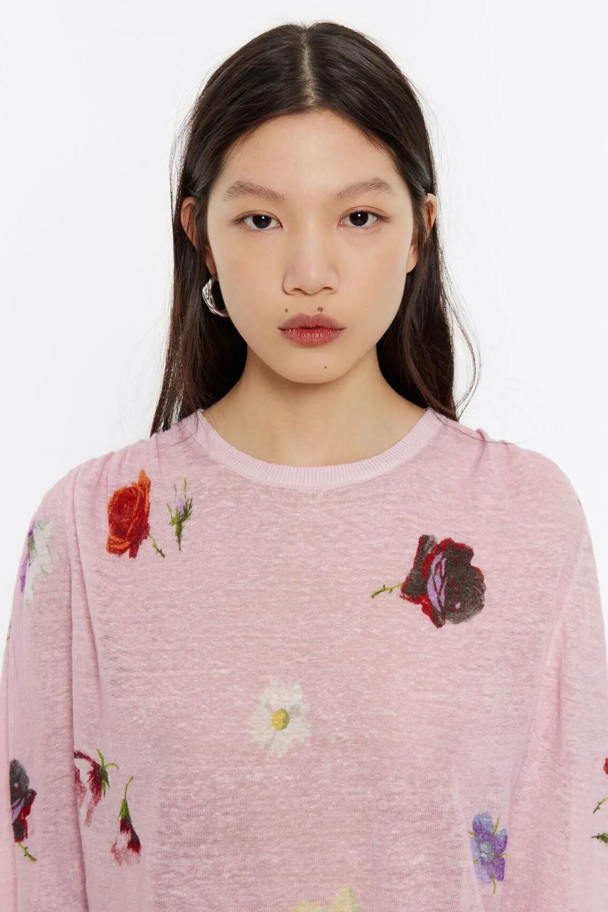 Mujer BIMBA Y LOLA Punto<Jersey Hombros Fruncidos Lino Flowers Rosa